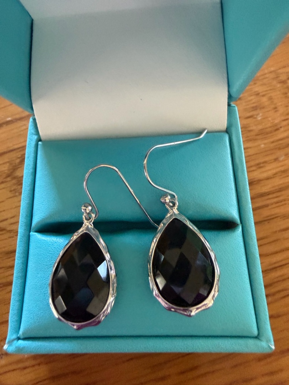 Silver Teardrop Black Faceted Dangle Earrings